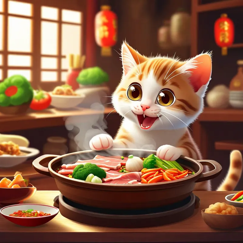 Cat Enjoying Hotpot in Cozy Kitchen - An adorable cat sitting at a table, eagerly eating from a steaming hotpot. The scene is lively and warm, with colorful vegetables and meats in the hotpot. The cat is either cartoonish or realistic, depending on user preference, with expressive eyes and a playful expression. The background suggests a cozy kitchen or traditional Asian restaurant setting, filled with ambient light and vibrant decor. - AI image generated with Nova Canvas