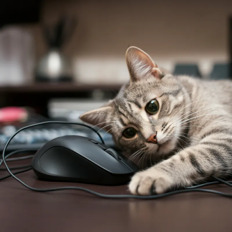 Cat Prankster in the Office - A mischievous cat playing with a computer mouse and tangling itself in wires in a home office. - AI image generated with Imagen 3