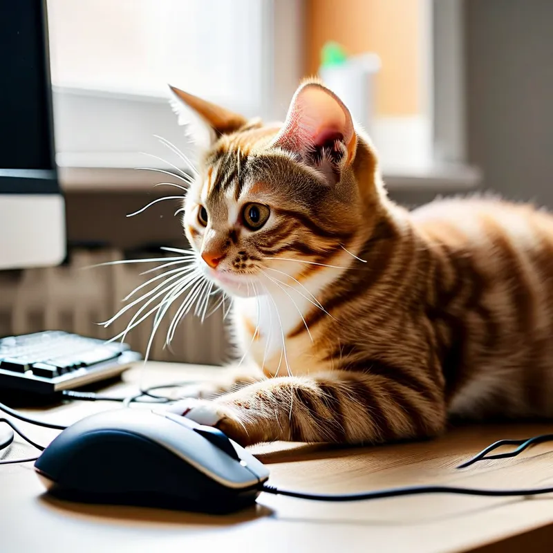 Cat Prankster in the Office - A mischievous cat playing with a computer mouse and tangling itself in wires in a home office. - AI image generated with Nova Canvas