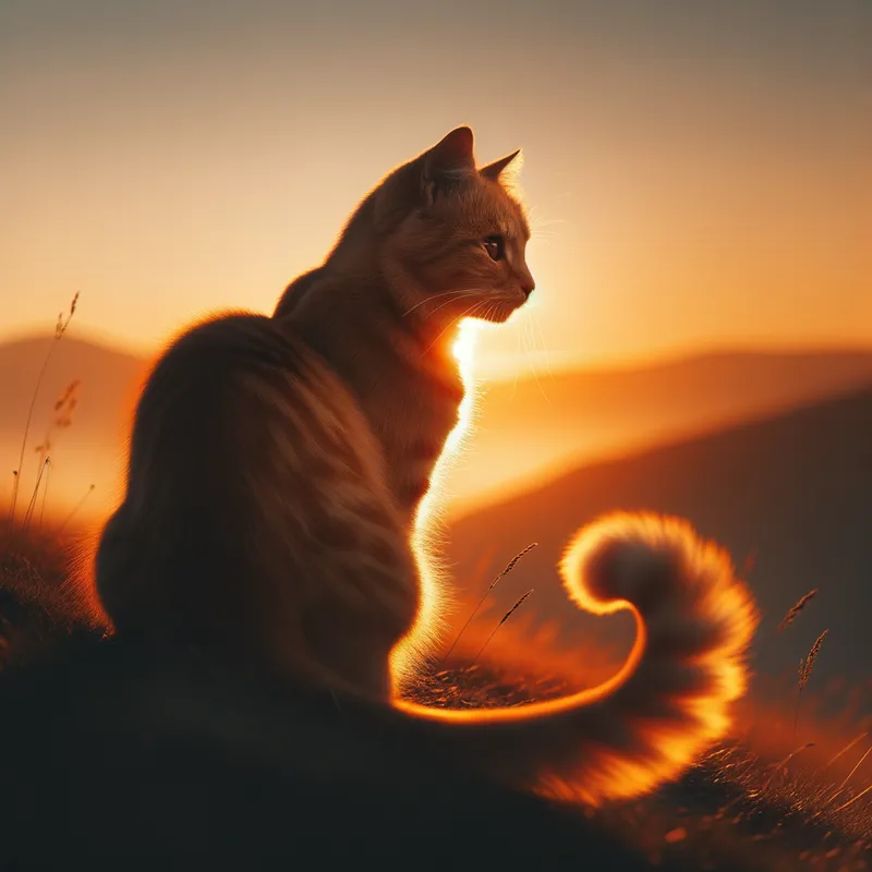Cat at Sunset - An orange tabby cat sitting on a hill during sunset, its tail lifted with a subtle, slightly glowing bubble of gas near its bottom. - AI image generated with Art