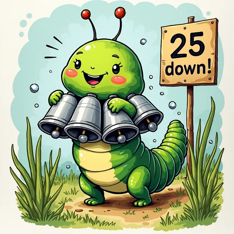 Caterpillar Celebrates with Four Bells - An adorable and excited caterpillar hugging four big  silver bells and jumping up and down with a backdrop of lush greenery and morning dew that has a sign that says, "25 down!". There must be FOUR bells only. - AI image generated with Photorealistic 2 - cartoony, doodle, alcohol ink