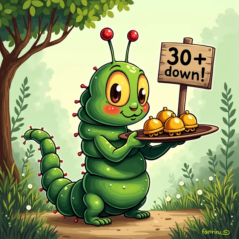 Caterpillar’s Joyous Bell Dance - An adorable caterpillar holding a platter that has five bells on it. The caterpillar is jumping up and down and there is a sign that says, "30 down!".  There must be FIVE bells only. There is a  backdrop of lush greenery and morning dew - AI image generated with Photorealistic 2 - cartoony, doodle, alcohol ink