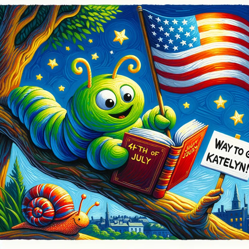 Caterpillars' July Celebration - 4th of July themed and david wiesner inspired with red, white, and blue colors and tone of cute, happy caterpillar reading a History book on a branch in a tree with a snail holding a white sign that says "Way to go Katelyn!" - AI image generated with Art - gouache technique, cartoony, Van Gogh