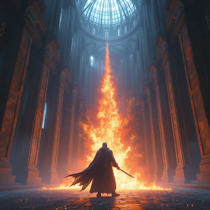 Cathedral Duel: Stone, Souls, Fire - The confrontation began not with a word, but with a surge of pressure.
Vaxor vanished. The space where he had stood rippled like disturbed water. Kaelen didn't turn; he felt the disturbance in the soul-tether he kept extended around him. With a sharp exhale, Kaelen slammed his palm into the floor, calling upon the element of stone. A jagged spire of granite erupted from the ground at his back, just as Vaxor materialized in a flash of red light, his blades inches from Kaelen's throat.
The impact sent a shockwave through the cathedral. Vaxor recoiled, his face twisted in a mocking grin as he dematerialized again, reappearing instantly above Kaelen.
Kaelen’s violet eyes blazed. He pulled upon the cold, sorrowful energy of the souls within him, manifesting a shimmering, translucent barrier that rippled like a dark lake. Vaxor’s blades struck the barrier, the screech of metal on spectral energy echoing like a dying scream. Kaelen reached out, his hand glowing with the searing heat of a supernova, and swiped at the air. He wasn't aiming for the demon; he was aiming for the path Vaxor had just traveled. The heat ignited the very space Vaxor had teleported through, turning the air into a furnace of liquid fire.
Vaxor tumbled out of his teleportation, stumbling as the searing heat singed his obsidian skin. He hissed, his form flickering uncontrollably as he tried to stabilize. He looked at Kaelen—a man who held the rage of the elements in one hand and the silent, cold judgment of the dead in the other.
The demon grinned, his jagged blades humming with newfound hunger. The hunt had only just begun.
using the picture/images added - AI image generated with Text - bird's eye view, over-the-shoulder, aerial view