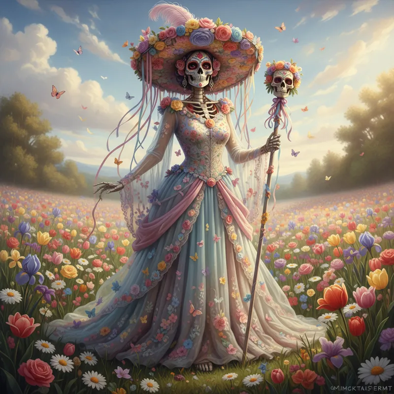 Catrina in Spring Garden - Beautiful skeleton woman as La Catrina, elegantly dressed in an airy gown with pastel flowers and butterflies, wearing a wide-brimmed decorated hat and intricate sugar skull makeup, surrounded by blooming spring flowers. - AI image generated with Nano Banana - vivid colors, photorealistic, colorful