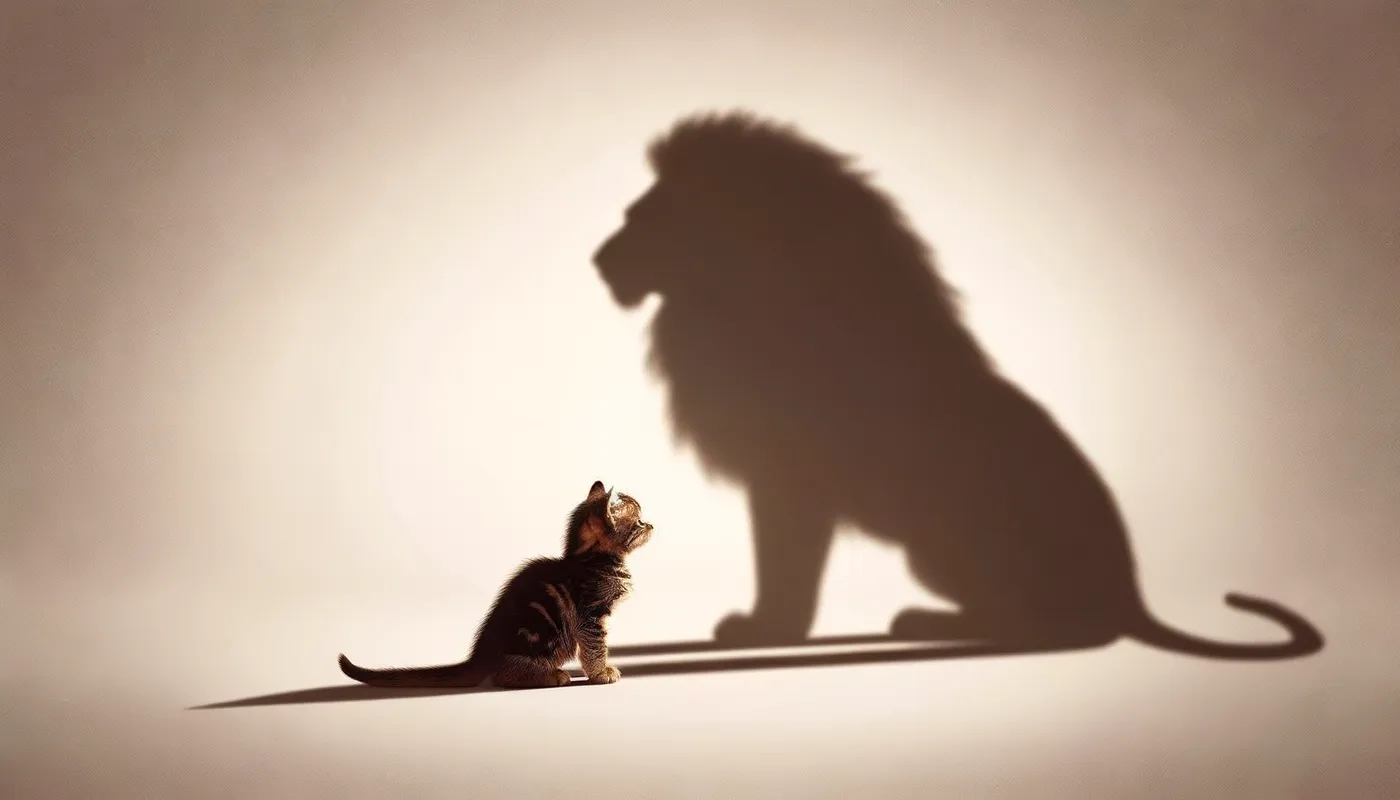 Cat's Shadow Reveals Lion - An image of a small, humble cat standing in the foreground with an intense light casting its shadow. However, the shadow isn't that of a cat, but instead the majestic and powerful silhouette of a lion. The background is a simple, gentle gradient to highlight the contrast between the cat and its lion shadow. - AI image generated with Art