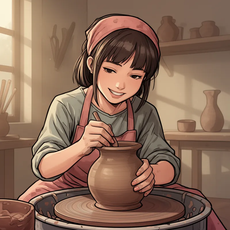 Cel-Shaded Girl at the Potter's Wheel - A stylized digital illustration with bold outlines and cel-shaded coloring of a girl doing pottery - AI image generated with Flux 2