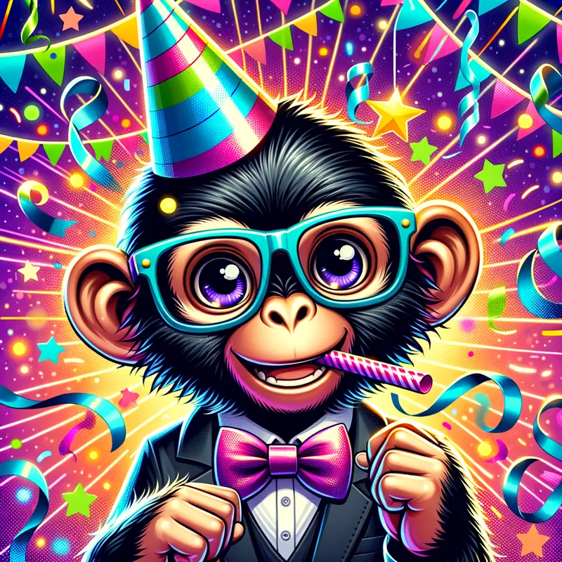 Celebration Primate - A black monkey with sleek black glasses and a colorful party hat, enjoying a lively party with streamers and lights. - AI image generated with Art - cartoony, colorful