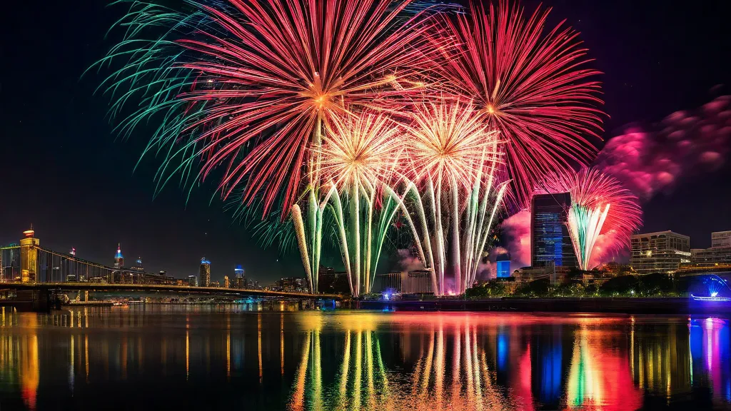 Celebration in the Sky - A vibrant display of multicolored fireworks bursting in the night sky over a bustling cityscape, with reflections on the nearby river.