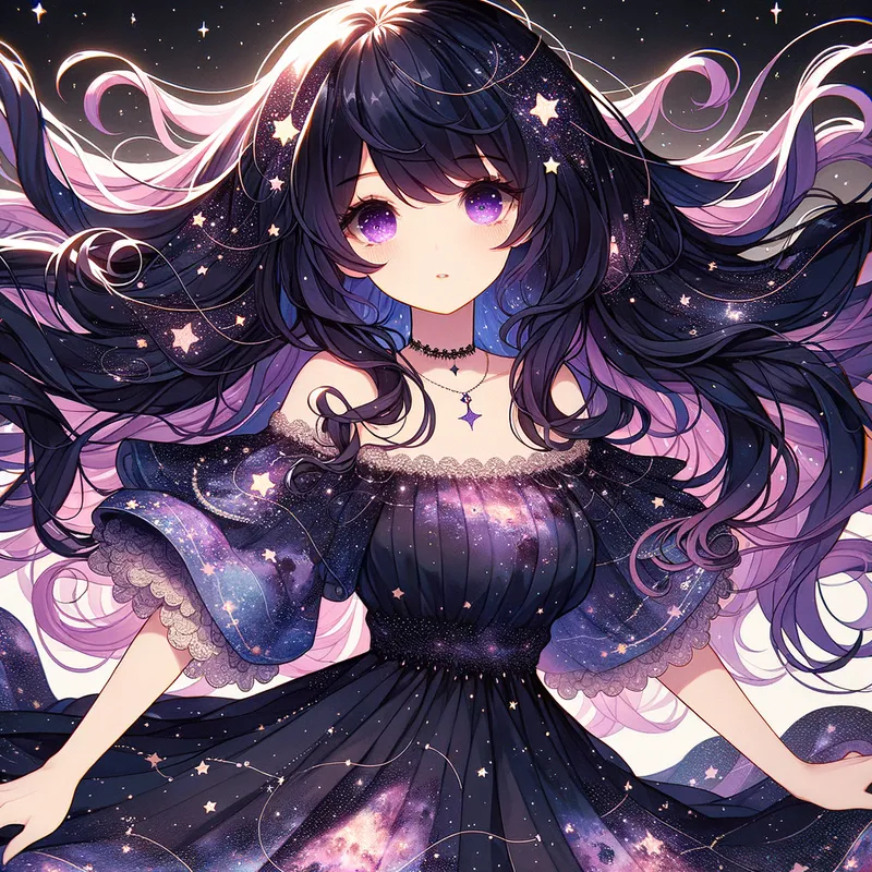 Celestial Beauty - A celestial-themed anime female with luxurious black hair embellished with subtle pink hues, cascading in waves. Her deep purple eyes shine like stars. She dons an elegant black dress with cosmic patterns, floating among the stars in a serene night sky. - AI image generated with Art