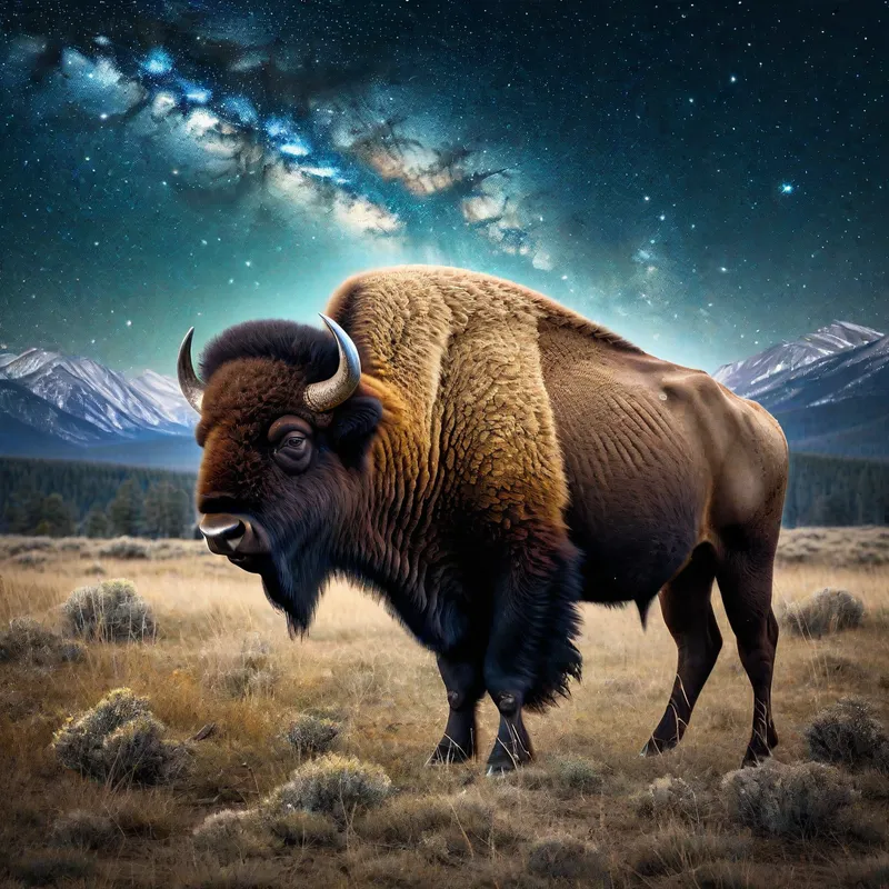 Celestial Bison - A majestic bison with a celestial-looking, gem-encrusted horn, wandering through a serene, starry night landscape. - AI image generated with Photorealistic - double exposure