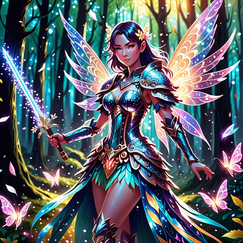 Celestial Blade Fairy - Anime-style warrior woman with shimmering fairy wings, wearing ornate colorful armor, wielding a glowing magical sword, surrounded by sparkling energy and floating petals in an enchanted forest. - AI image generated with Fictional
