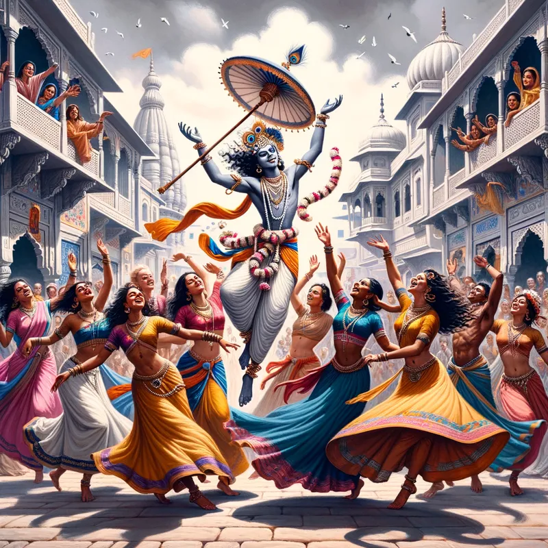 Celestial Bliss - Lord Krishna dancing in the ancient streets of Vrindavan, surrounded by the joyful gopis, their colorful garments swirling in the air. - AI image generated with Art