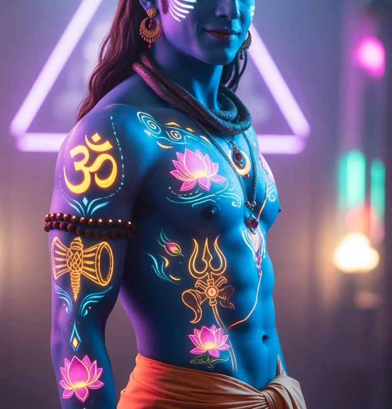 Celestial Bodhi: Shiva with Body Art - Create a full-length, ultra-high-res image of a young, strikingly handsome Shiva in a half-turn, side view pose. His blue skin shines beneath neon and luminous lighting, adorned with fantasy body art that fuses Buddhist and Hindu symbols. The medium shot highlights his aesthetics and posture, capturing every muscle and feature with hyperreal detail. Shiva's playful smirk and serene aura complete the fantasy-professional photo look. - AI image generated with Imagen 4 Ultra
