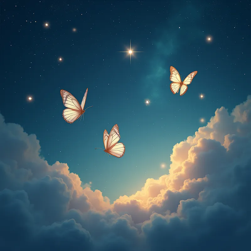 Celestial Butterfly Lullaby - Create a dreamy, heart-touching ambient lullaby designed to guide a baby into deep, peaceful sleep. 
The atmosphere should feel like soft butterflies gently floating through a calm night sky. 
Mood: soothing, warm, tender, magical, comforting, hypnotic, and deeply relaxing — with a sense of emotional safety and gentle love. 
Genre: ambient lullaby, dreamscape music, celestial nursery ambience, soft atmospheric tones. 
Type: slow, floaty, non-rhythmic, and continuous. No drums or sharp sounds. Use only warm frequencies and soft textures that feel safe for a baby’s ears.

Include gentle pads, soft airy drones, light chime sparkles, delicate wind-bell tones, and subtle fluttering textures that evoke butterfly wings. 
Add warm humming or soft “aah” vocal pads (very low volume) to create emotional comfort.

The sound should feel like drifting clouds, glowing stars, and butterflies gliding slowly in a quiet dream world. 
Keep transitions extremely smooth, slow, and hypnotic to help the baby stay asleep. 
Overall energy: calming, magical, floaty, soothing, and deeply sleep-inducing.

Perfect for newborn sleep, deep baby relaxation, nursery bedtime, night routine, and long peaceful dreams.
 - AI image generated with Photorealistic 2