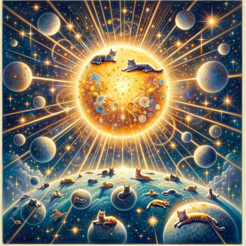 Celestial Cat Kingdom - An enchanted scene of a majestic sun emitting beams of light, with numerous stars scattered throughout the sky and cats lounging on celestial bodies. - AI image generated with Art