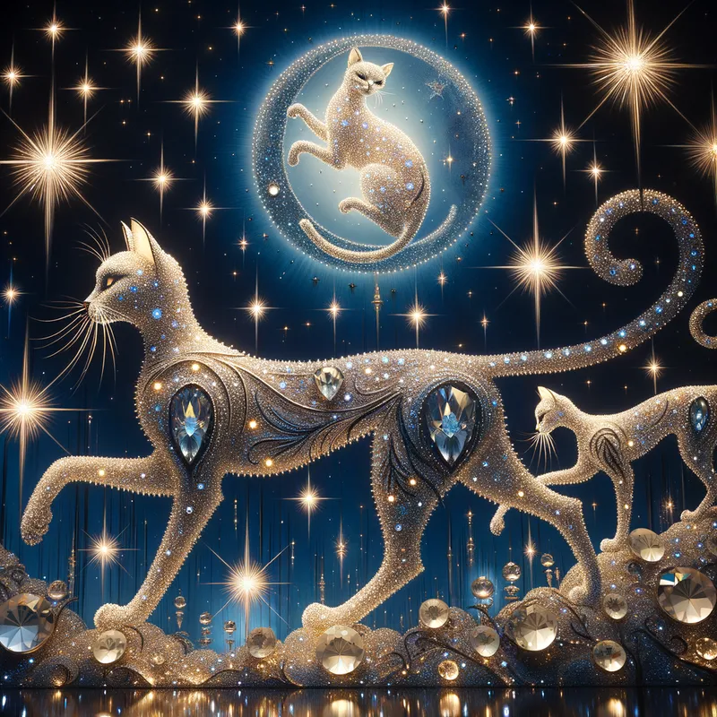Celestial Catwalk - Elegant feline figures illuminated by solar light, strolling through the vastness of a dark blue sky adorned with star-shaped glitter and dazzling diamonds. - AI image generated with Art