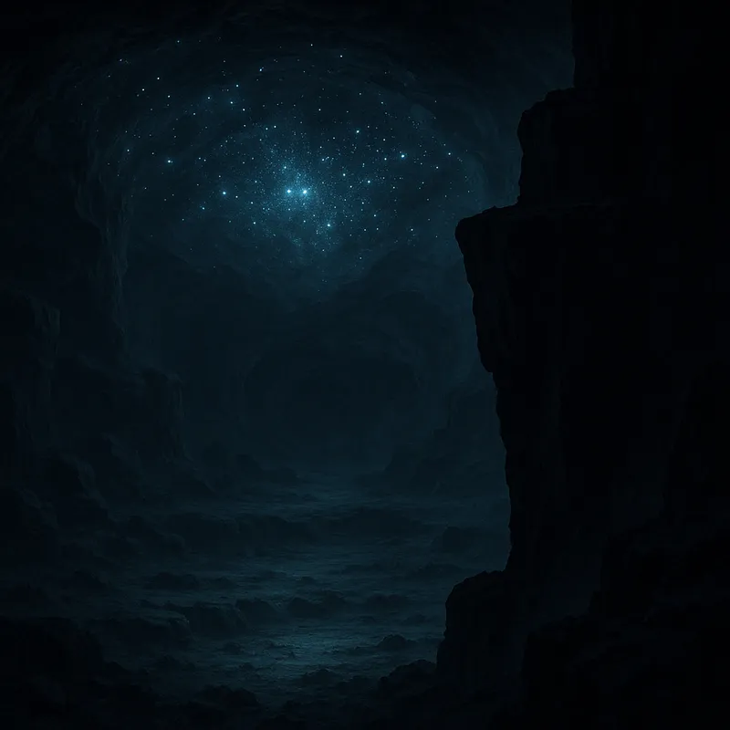 Celestial Cave Beneath Shadowy Cliff - Overlooking a mysterious, expansive cave, a shadowy cliff stands tall. The cave ceiling, mimicking a starlit night, gently brightens the rocky floor with its celestial luminescence. - AI image generated with GPT Image