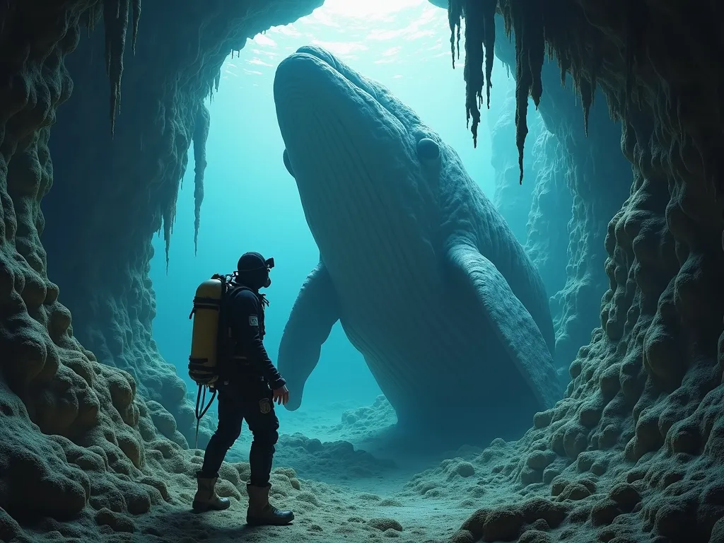 Celestial Cavern - An adventurer in a diving suit exploring the surreal, cavernous interior of a whale's stomach, with organic structures resembling stalactites and stalagmites. - AI image generated with Photorealistic 2