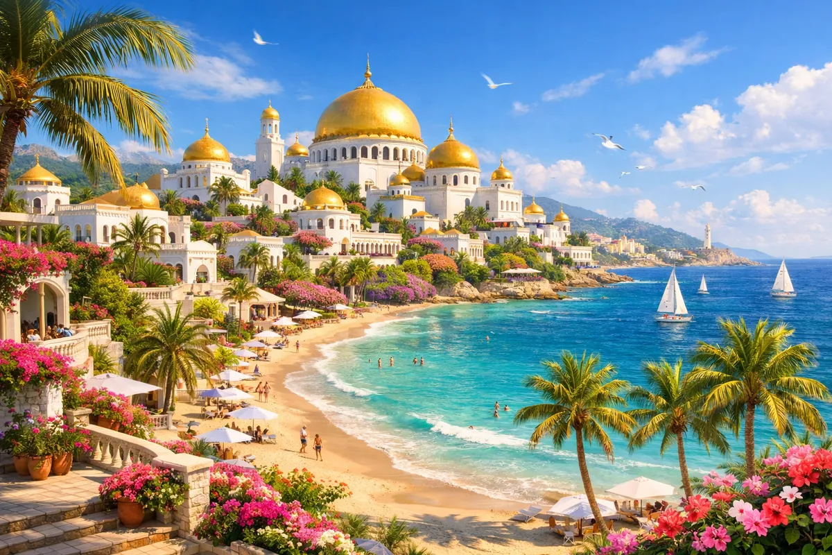 Celestial Coastal Metropolis - A dreamy city by the sea, gleaming white buildings with golden domes, sandy beaches lined with swaying palms, a gentle ocean breeze, abundant flowers, and a feeling of serenity and joy in this paradise city blending seamlessly with nature. - AI image generated with GPT Image