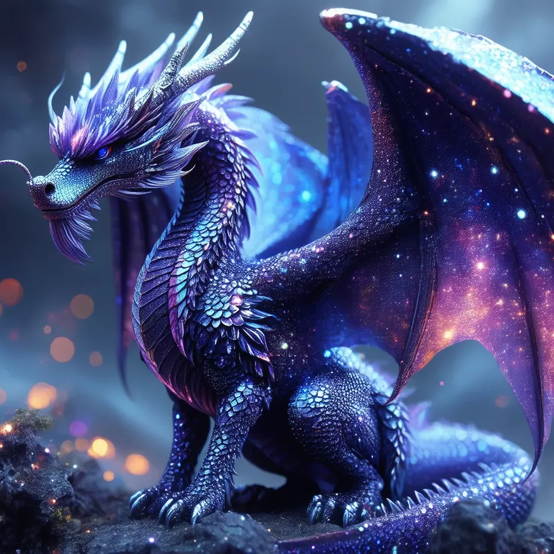 Celestial Cosmic Dragon in Starry Skies - A majestic dragon with shimmering cosmic scales stands with wings outstretched, its body filled with vibrant purples, blues, and star-like patterns that resemble the night sky. Swirling galaxies and nebulae form the background, blending seamlessly with the dragon’s galactic appearance, creating a mystical and powerful celestial creature.