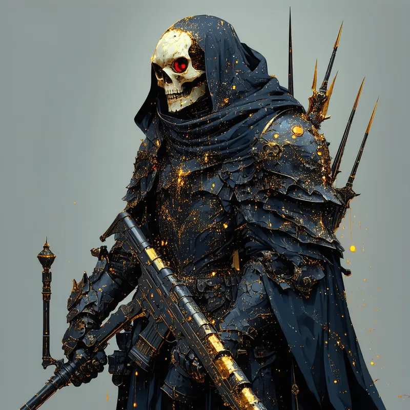 Celestial Crusader - A celestial being donned in the Ekow Knight's magic-infused armor, complete with a glitchy effect overcoat. Their helmet is skull-themed with a menacing mask exposing haunting red eyes. Enhanced with a hood and intricate gold accents, the armor is a dread-inducing sight. On their back, sharp blades are mounted, accompanied by an advanced rifle, dual fantasy pistols on their sides, and a battle-ready axe. The ensemble is completed with robust, armored boots.