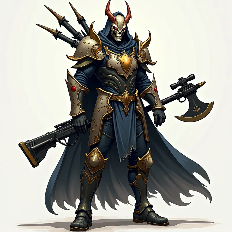Celestial Crusader - A celestial being donned in the Ekow Knight's magic-infused armor, complete with a glitchy effect overcoat. Their helmet is skull-themed with a menacing mask exposing haunting red eyes. Enhanced with a hood and intricate gold accents, the armor is a dread-inducing sight. On their back, sharp blades are mounted, accompanied by an advanced rifle, dual fantasy pistols on their sides, and a battle-ready axe. The ensemble is completed with robust, armored boots. - AI image generated with Photorealistic 2