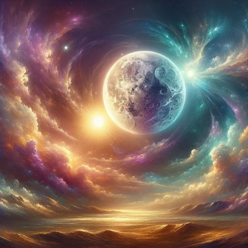 Celestial Dance - In a sky where violet, gold, and turquoise swirl but don't mix, two suns perform a cosmic dance, creating intricate shadows on the ground below. Below this spectacle, a large, fractured moon looms near the horizon, gently glowing with a dim, pearly light. - AI image generated with Art