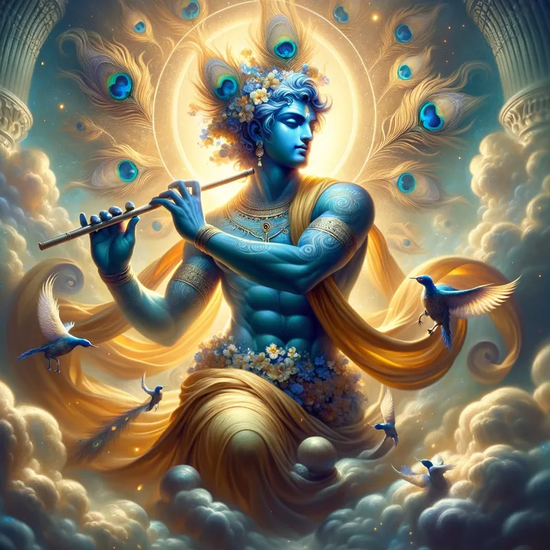 Celestial Deity Krishna - Design an image of Lord Krishna combining his divine allure with the robust build of Greek gods. Imagine Krishna's blue-hued skin with a soft glow, decorated with a peacock feather crown and a yellow dhoti that flows gracefully. His body should be that of a Greek god – muscular, well-proportioned, emanating both elegance and strength. His calm and wise demeanor captures his divine compassion, as he holds a flute representing his celestial music. Surround him with a radiant celestial aura, with a background of ethereal clouds and golden light, showcasing his spiritual splendor. - AI image generated with Art