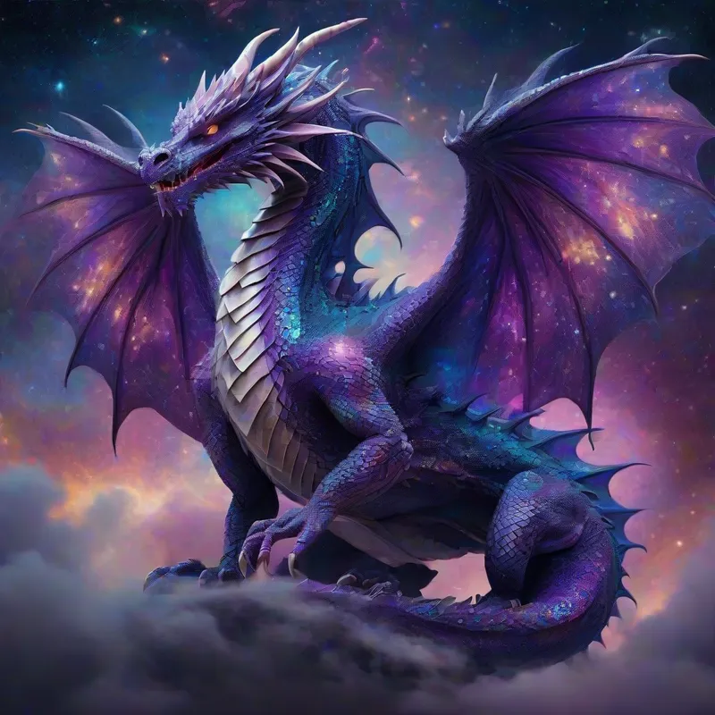 Celestial Dragon Amidst Galaxies - A majestic dragon with shimmering cosmic scales stands with wings outstretched, its body filled with vibrant purples, blues, and star-like patterns that resemble the night sky. Swirling galaxies and nebulae form the background, blending seamlessly with the dragon’s galactic appearance, creating a mystical and powerful celestial creature. - AI image generated with Stable Diffusion XL
