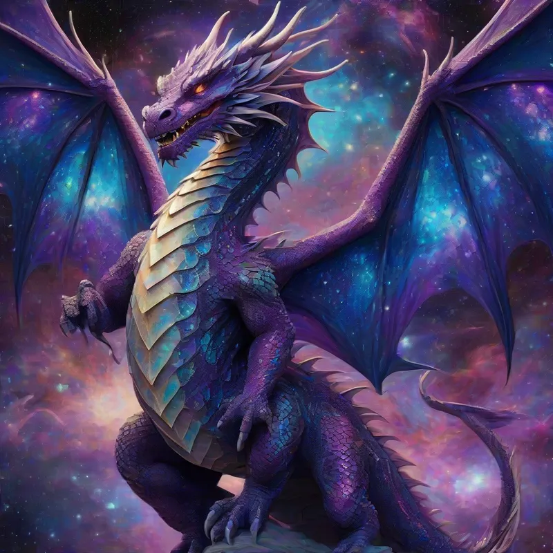 Celestial Dragon Amidst Galaxies - A majestic dragon with shimmering cosmic scales stands with wings outstretched, its body filled with vibrant purples, blues, and star-like patterns that resemble the night sky. Swirling galaxies and nebulae form the background, blending seamlessly with the dragon’s galactic appearance, creating a mystical and powerful celestial creature. - AI image generated with Stable Diffusion XL