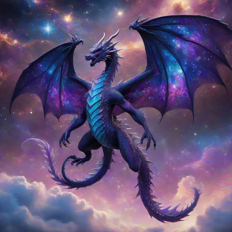 Celestial Dragon Amidst Galaxies - A majestic dragon with shimmering cosmic scales stands with wings outstretched, its body filled with vibrant purples, blues, and star-like patterns that resemble the night sky. Swirling galaxies and nebulae form the background, blending seamlessly with the dragon’s galactic appearance, creating a mystical and powerful celestial creature. - AI image generated with Stable Diffusion XL