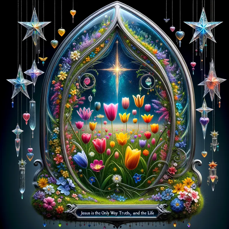 Celestial Embrace - A unique shape glass frame resembles a beautiful nature seen, have hanging stars, hearts, have written text spelt correctly "JESUS IS THE ONLY WAY, THE TRUTH, AND THE LIFE" inside the glass frame have meadow flowers, background tulip flower fantasy art, intricate details - AI image generated with Art - fantasy art, intricate details