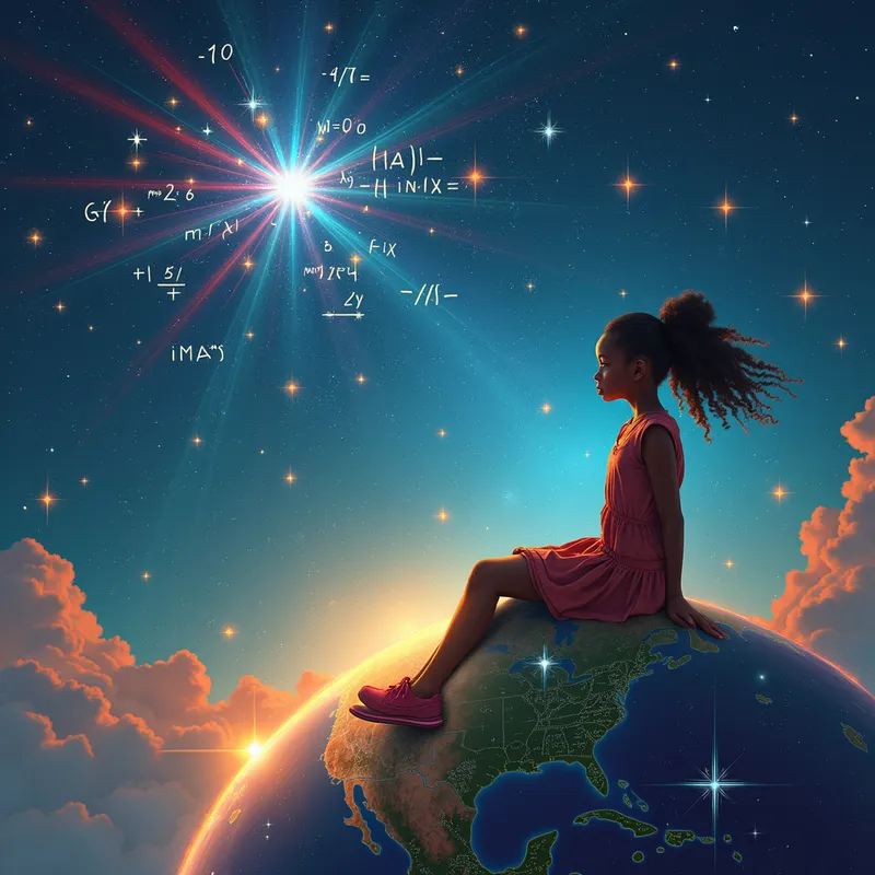 Celestial Equations - A black girl is seated on a colorful planet, surrounded by a star-filled universe. Intricate math equations are floating and glowing in the air before her, emitting a soft, ethereal light. - AI image generated with Photorealistic 2
