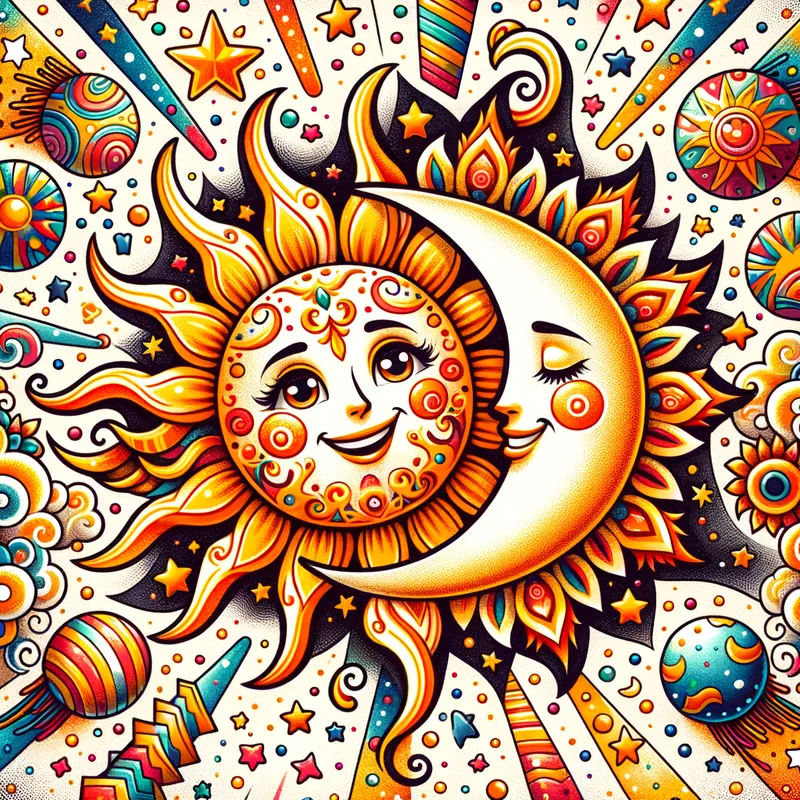 Celestial Fiesta - A festive representation of Mexican sun and moon art, where the sun and moon are surrounded by vibrant, celebratory elements. The sun is depicted with a radiant smile and lively rays, and the moon, with a calm demeanor, is wrapped in gentle clouds and stars. The background is filled with colorful, whimsical patterns and confetti. - AI image generated with Art