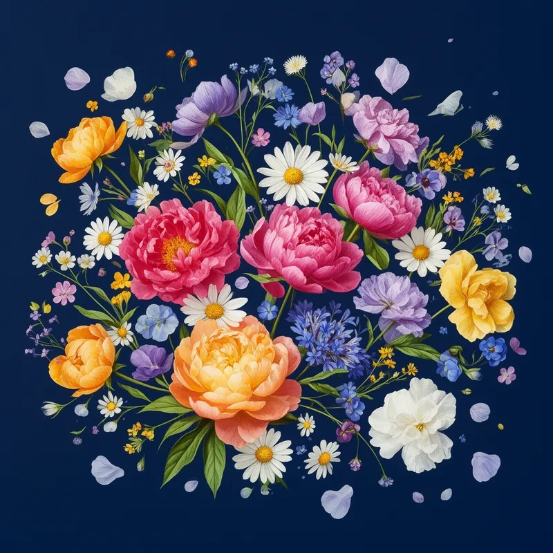 Celestial Floral Tapestry - An inspiring botanical artwork showing a dazzling arrangement of multicolored flowers spread across a rich navy blue canvas. Bold peonies, daisies, and wildflowers mingle with tiny buds, leaves, and soft petals in a graceful, scattered composition. The contrast between the luminous floral colors and the deep background gives the image a dramatic yet cheerful elegance. - AI image generated with Flux 2