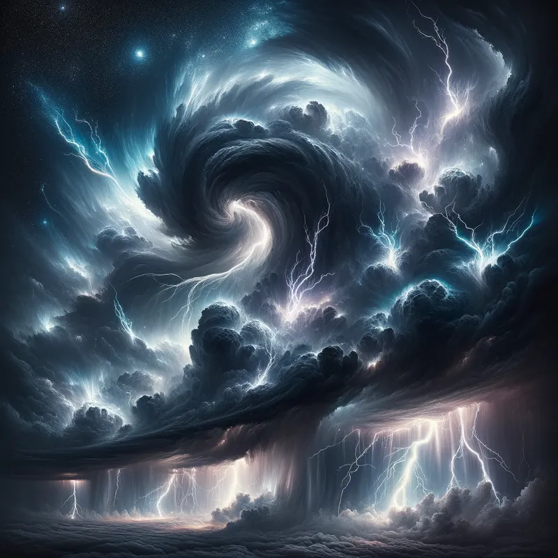 Celestial Fury - A majestic yet terrifying stormy night sky, with lightning dancing across the heavens, illuminating the dark and turbulent clouds. - AI image generated with Art