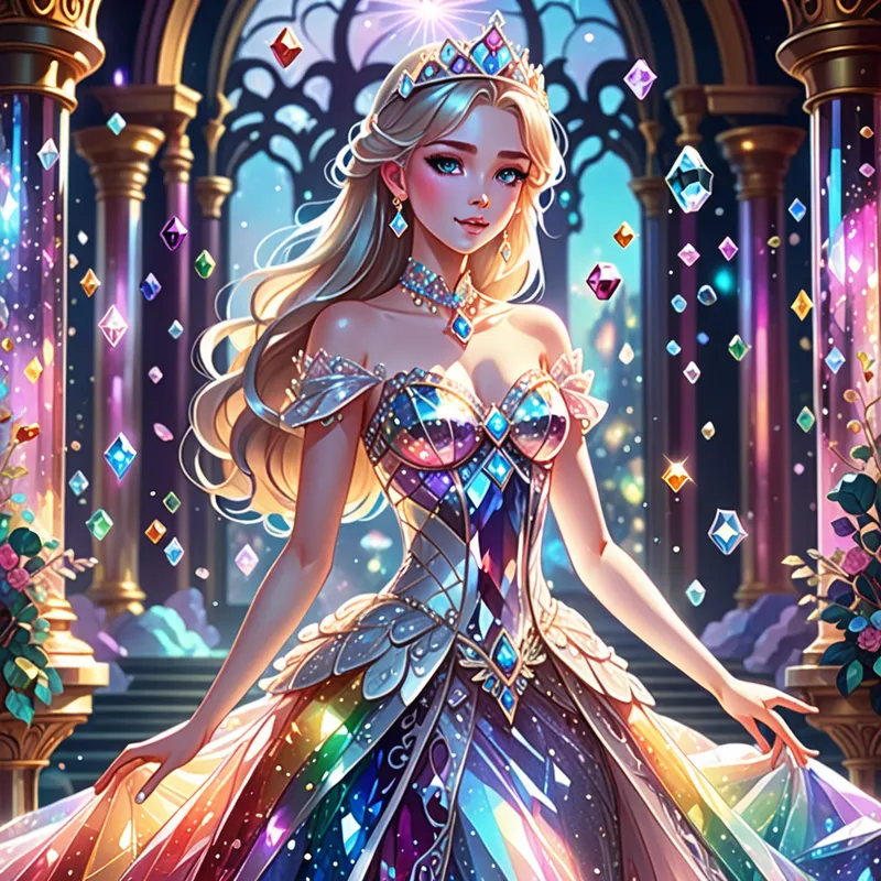 Celestial Gem Princess - An elegant anime-style princess surrounded by floating magical gemstones, sparkling with ethereal light and rainbow reflections. She wears a fancy, beautifully detailed gown adorned with crystal accents, standing in a dreamy fantasy palace filled with glowing jewels and soft shimmering magic. - AI image generated with Fictional