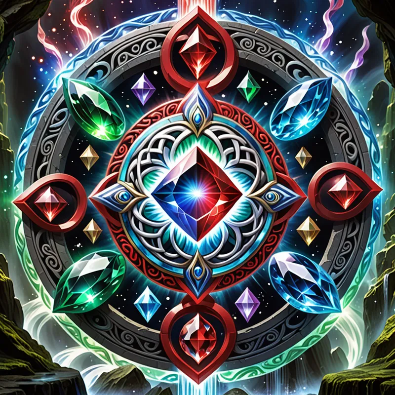 Celestial Gemstone Convergence - A fantasy scene showing five luminous gemstones—white, blue, red, green, and black—hovering around a complex magical symbol. Streams of mythical mana weave between them, creating an aura of ancient power, with a cosmic mystical backdrop. - AI image generated with Fictional