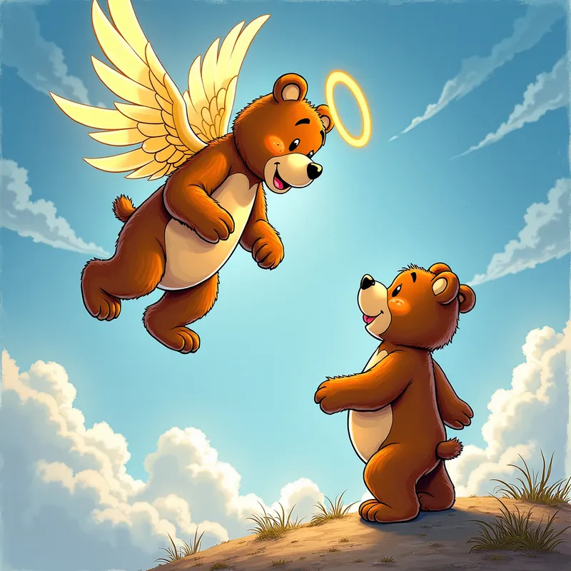 Celestial Guardian Yogi - Illustration of Yogi Bear as an angelic guardian looking down from the heavenly skies at Boo-Boo Bear, who gazes back up at him. Clouds and sky form the backdrop, with Boo-Boo Bear on solid ground. The image features an alcohol-ink-on-glass dreamscape aesthetic. - AI image generated with Photorealistic 2