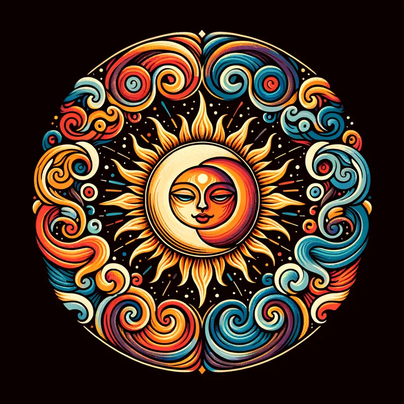 Celestial Harmony - An illustration inspired by Mexican art showing the sun and moon in harmonious balance. The sun is surrounded by warm hues of red, orange, and yellow, and the moon is enveloped in shades of blue and purple. They are connected by swirling designs that symbolize their eternal relationship. - AI image generated with Art