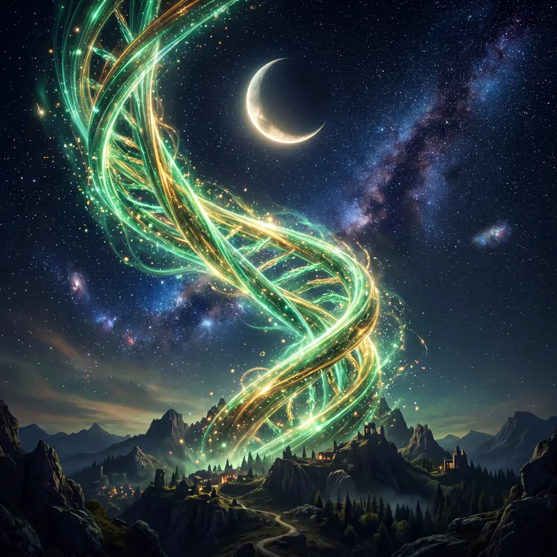 Celestial Helix Ascent - A luminous green and gold helix spiraling upward into a vast star-filled night sky, elegant and radiant, with a glowing crescent moon above, ethereal atmosphere, high detail, cinematic fantasy style - AI image generated with 4K Pro