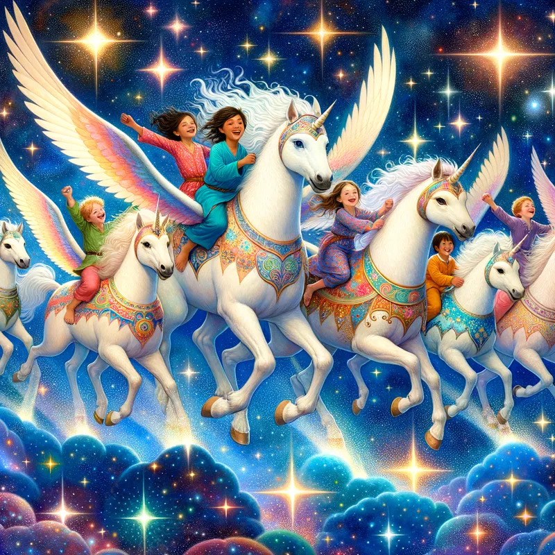 Celestial Joyride - A fantastical scene of joyful children riding on the backs of friendly, majestic creatures flying through a glittering star-filled cosmos. - AI image generated with Art