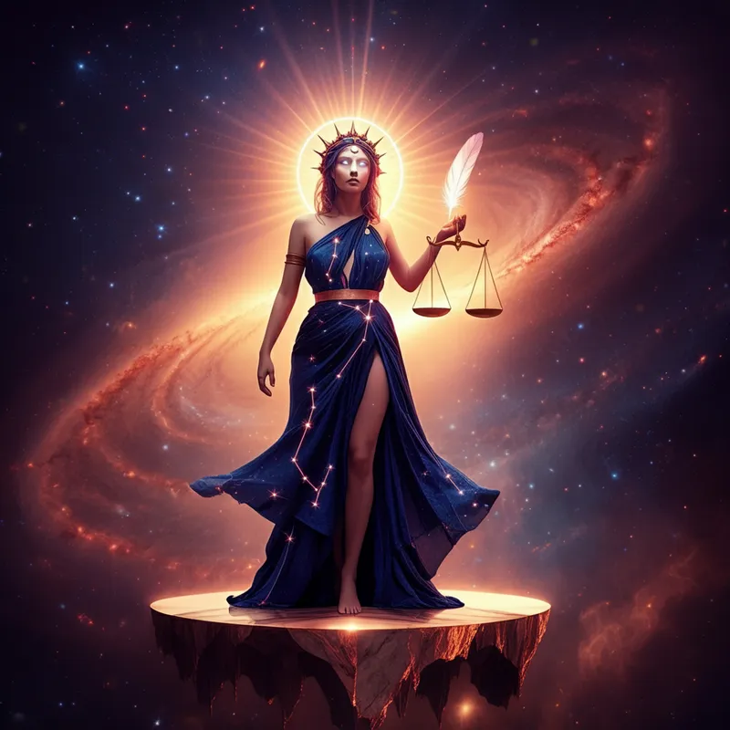 Celestial Justice - A hyper-detailed, ultra-HD image depicting the Libra Zodiac sign as a serene and powerful celestial judge. The elegant female figure stands on a floating marble platform amidst swirling galaxies, wearing a shimmering asymmetric gown of deep sapphire and rose gold. Her eyes glow with a calm, all-seeing white-blue light. In one hand, she holds a glowing golden scale, and in the other, a feather of light. The Libra constellation glows on her crown, with a halo of soft light resembling the rising sun. The image blends warm and cool cinematic lighting with swirls of light beams and dust particles, creating a graceful and immersive atmosphere. - AI image generated with Imagen 3