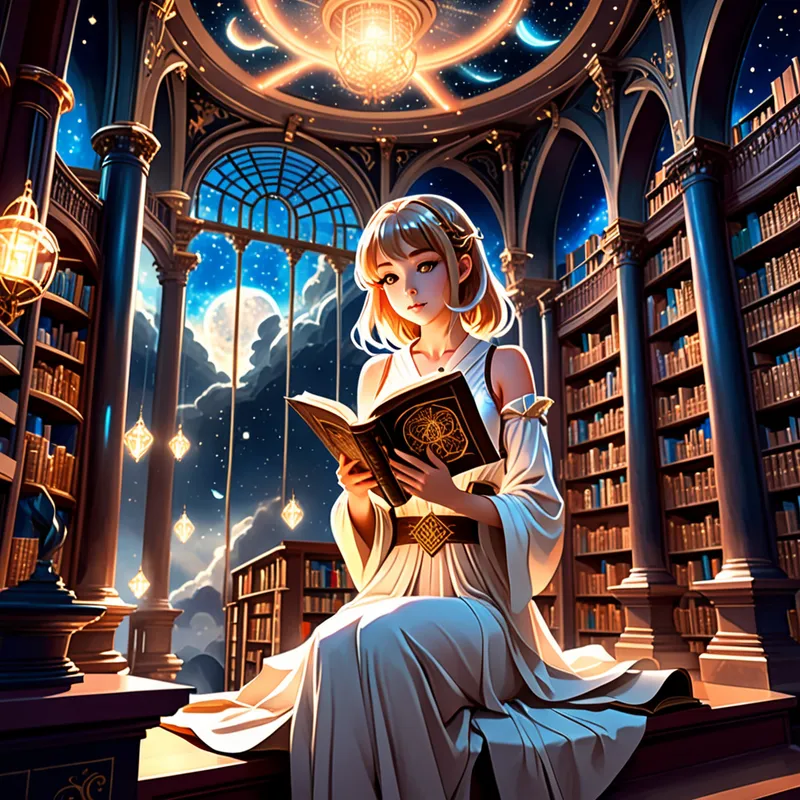 Celestial Library Princess - An anime-style beautiful girl reading an ancient book inside a breathtaking fantasy library. The library has celestial ceiling murals, glowing shelves, floating magical lights, elegant arches, and a majestic staircase. She is portrayed with refined anime beauty, flowing attire, and a composed, intelligent expression. Ethereal lighting, vibrant detail, fantasy-inspired visual storytelling, masterpiece style. - AI image generated with Fictional