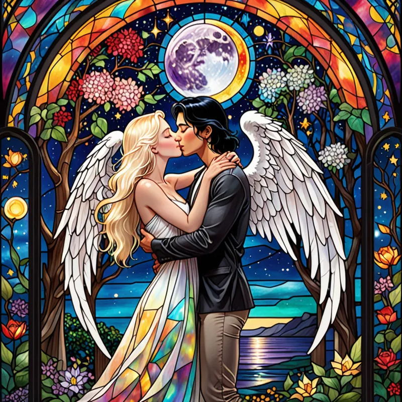 Celestial Lovers’ Kiss - In a magical setting, a blonde angelic woman wraps her white wings around a man with untamed black hair. The couple shares a passionate kiss beneath a blooming arbor, colorful stained glass art in the background, and a bright full moon shining through a star-sprinkled night window above them. - AI image generated with Fictional