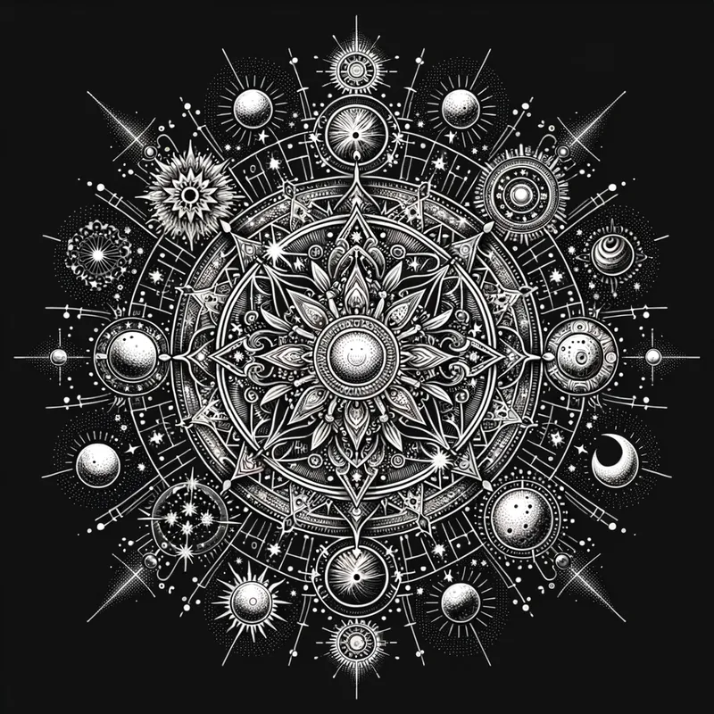 Celestial Mandala - A complex mandala tattoo infused with celestial themes, featuring stars, planets, and cosmic patterns centered around a radiant sun or moon. - AI image generated with Art