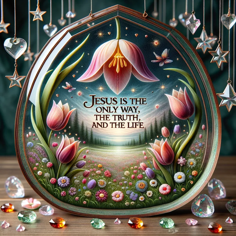 Celestial Meditation - A unique shape glass frame resembles a beautiful nature seen, have hanging stars, hearts, have written text spelt correctly "JESUS IS THE ONLY WAY, THE TRUTH, AND THE LIFE" inside the glass frame have meadow flowers, gems, background tulip flower fantasy art, intricate details - AI image generated with Art - fantasy art, intricate details