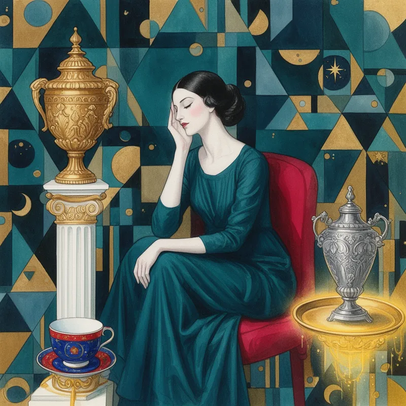 Celestial Reverie in Teal and Gold - A richly textured painting inspired by Gustav Klimt and Tamara de Lempicka, featuring a contemplative woman with pale skin and dark hair styled in an elegant updo. She wears a long deep teal blue dress and sits gracefully on a vivid red chair, her right hand gently touching her temple, eyes closed in serene thought. The background is an elegant geometric harmony of teal, dark blue, and gold triangles, squares, and circles, with celestial details like moons and stars woven into the composition. To her left stands a detailed gold urn on a white and gold pedestal beside a blue and red teacup with matching saucer. To her right, a decorative silver urn rests on a glowing golden tray. Metallic accents, refined brushwork, and an art deco atmosphere create a dreamlike and luxurious mood. - AI image generated with Flux 2 - watercolor