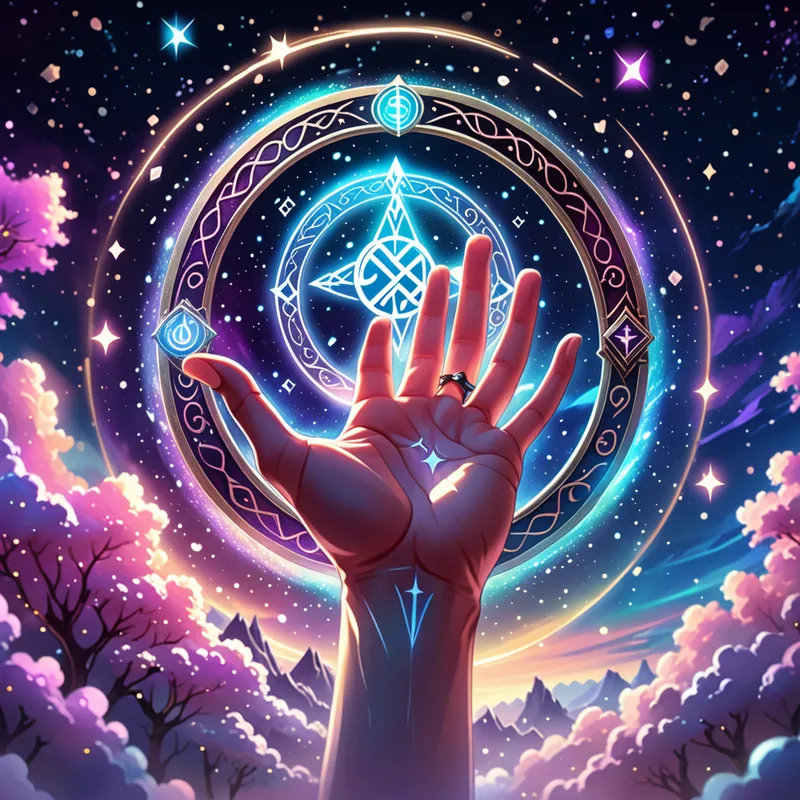 Celestial Signet Awakening - A luminous magical signet floating above an outstretched hand, rendered in a magical anime style, with glowing runes, sparkling stardust, soft ethereal lighting, and a dreamy fantasy background filled with celestial colors. - AI image generated with Fictional